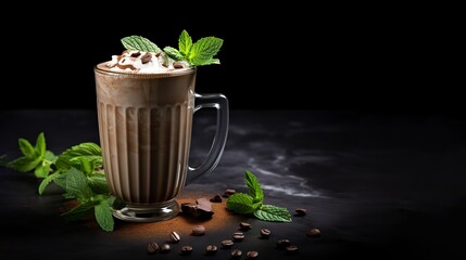 glass of chocolate drink with green mint leaf decoration on top on black background. - obrazy, fototapety, plakaty