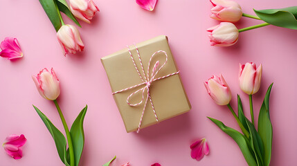 Festive beautiful background with pink tulips and a gift on a pink background, top view