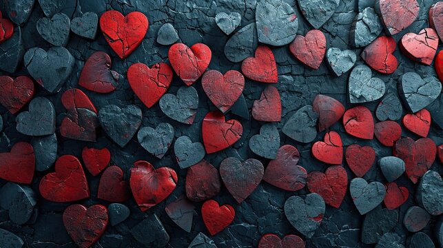 Valentine day background with grunge textured red and black hearts, rough crackled heart shapes, AI generated