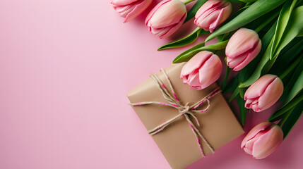 Festive beautiful background with pink tulips and a gift on a pink background