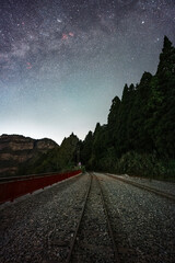 The photograph captures a tranquil night scene where a railway line stretches into the distance...