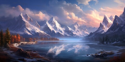 A dramatic mountain range with snow-capped peaks and a glacier-fed lake reflecting the majestic scenery.