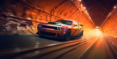 Obraz premium Muscle Car Speeding in Tunnel Fast Driving Action