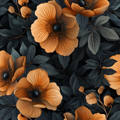 Seamless pattern anemones and leaves illustration