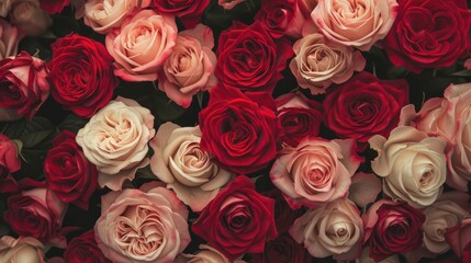 Valentine's Day exquisite tapestry of roses in a gradient of deep red to soft pink hues creates a rich, romantic background. a sense of luxury and elegance. Ai generated