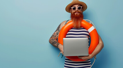 joyful man with red-dyed hair and a full beard, wearing round sunglasses, a striped tank top, holding a laptop in one hand, and an orange lifebuoy