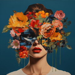 Abstract contemporary art collage portrait of young woman with flowers on face hides her eyes