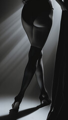 Beautiful slender legs of a female model in black stockings advertising