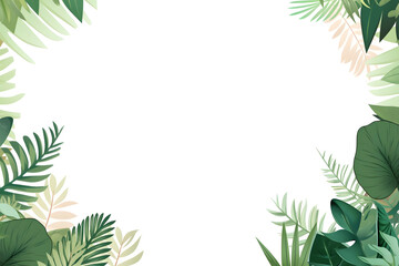 A collection of tropical leaves forms a frame against a white background, creating a foliage plant background with empty space for copy.