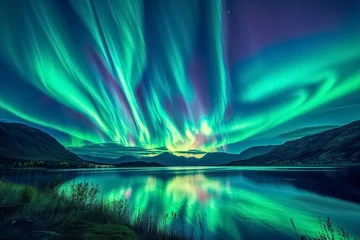Foto op Plexiglas Hyper Realistic painting of aurora in the Night sky with polar lights. Night winter landscape with aurora and reflection on the water surface. stunning natural background photo. Generated AI. © jirayut
