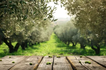 Gordijnen Empty old wooden table for product display with natural green olive field and green olives © Lubos Chlubny