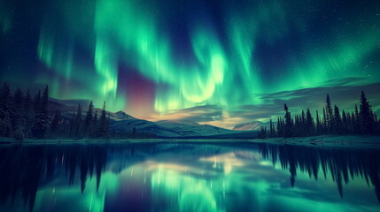 Fototapeta premium Hyper Realistic painting of aurora in the Night sky with polar lights. Night winter landscape with aurora and reflection on the water surface. stunning natural background photo. Generated AI.