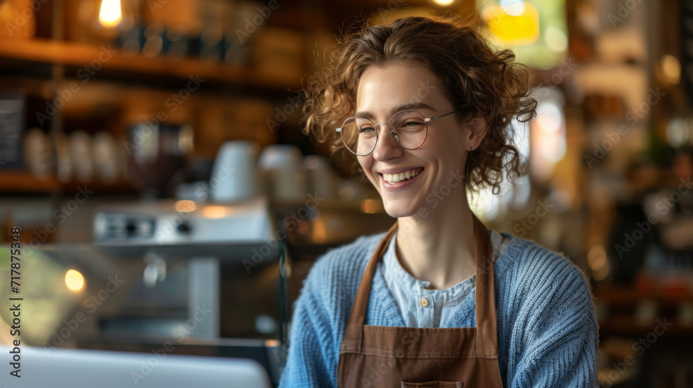 Canvas Prints young woman wearing glasses, focused on working on her laptop in a cozy café environment