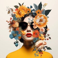 Abstract contemporary art collage portrait of young woman with flowers on face hides her eyes