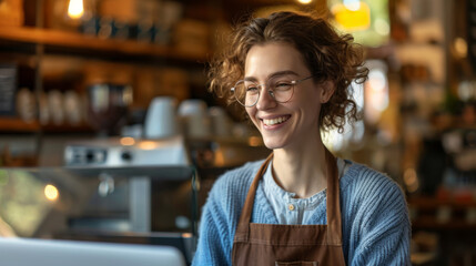 young woman wearing glasses, focused on working on her laptop in a cozy café environment - obrazy, fototapety, plakaty