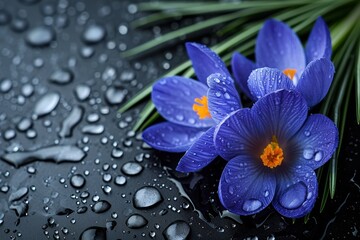 Spring flowers of blue crocuses in drops of water on the background of tracks of rain drops.
