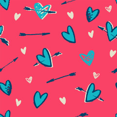 Seamless pattern. Hand drawn multicolored heart shapes, Cupids arrow, for wrapping paper and other design projects. Valentines Day concept, love, romance concept