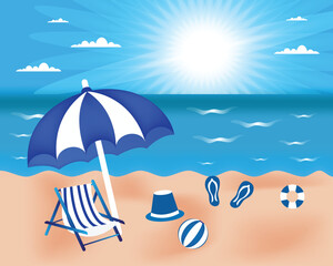 Fototapeta na wymiar Umbrella and sun lounger on the beach Seaside vacation Summer holiday Lounger on sea beach Landscape beautiful seascape 