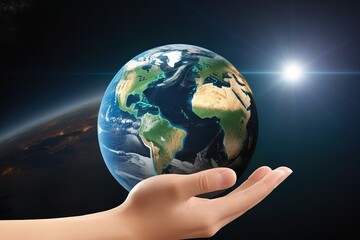 Close up of a green plant with leaves and 3d earth object growing from hand.ai generated