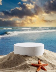 Fototapeta na wymiar Sea sand display with empty podium for product