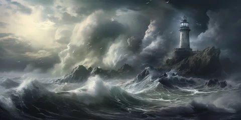Foto op Plexiglas A dramatic seascape with stormy clouds, crashing waves, and a solitary lighthouse standing tall against the elements. © Anmol