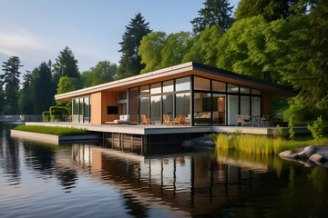 Fototapeta na wymiar beautiful house with large windows on the lake shore, architectural layout