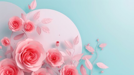 A dreamy Valentine's Day scene with a soft pink pedestal surrounded by lush pink roses under a serene sky painted with gentle clouds. The roses lay elegantly, ready for a product showcase. Ai generate