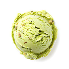 Scoop of pistachio ice cream top view isolated on white