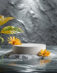 Water and rocks display podium with flowers