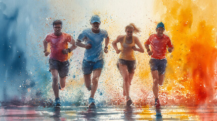 Four sportsmen dressed in sportive clothes are running. Watercolour illustration. Selective focus. Sport concept. Copy space. Colourful background 