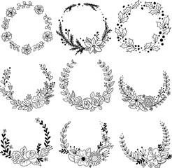 Contour hand drawn floral wreaths. Set of items