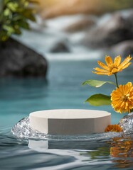 Water display podium with flowers