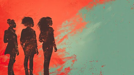 Grunge background with silhouettes of three women, eight 8 of march banner in brutal style, girl concept, girl power and solidarity concept, AI generated