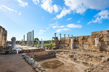 Columns and ruins in the ancient city of Salamis in Cyprus. Salamis Ruins, Famagusta, Turkish Republic of Northern Cyprus, CYPRUS. Tourist area of ​​the ruins of the city of Salamis.