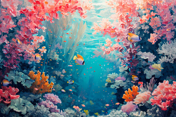 Fototapeta na wymiar Vibrant colors dance across a tranquil underwater canvas, as a diverse array of fish and flowers mingle in a breathtaking coral reef painting