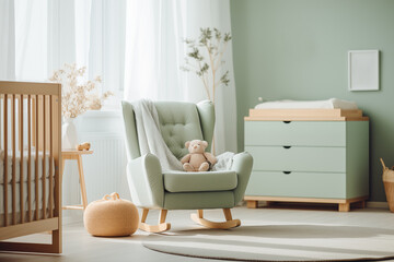 Nursery interior. Bed, cradle, chair, toys. Children's bedroom