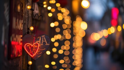 A magical evening Valentine's Day atmosphere as a couple walks hand in hand down a quaint cobblestone street,  lanterns and warm streetlights, creating a scene straight out of a romantic fairy tale. 