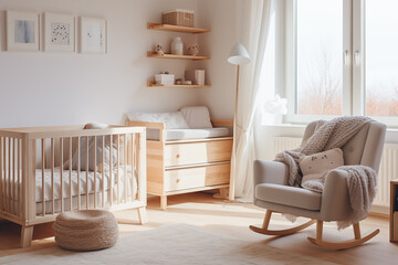 Nursery interior. Bed, cradle, chair, toys. Children's bedroom