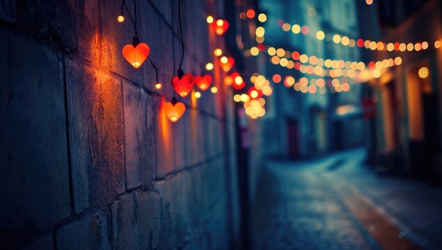 A magical evening Valentine's Day atmosphere as a couple walks hand in hand down a quaint cobblestone street,  lanterns and warm streetlights, creating a scene straight out of a romantic fairy tale. 