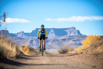 mountain biker on a trail with peaks in distance
