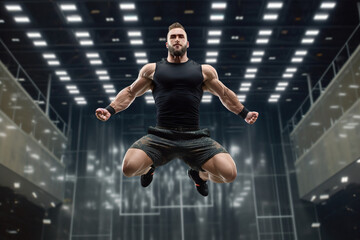 Strong man jumping in a modern gym, displaying athleticism and determination in a high-intensity fitness routine.