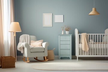 Nursery interior. Bed, cradle, chair, toys. Children's bedroom