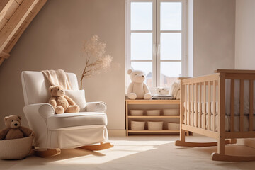 Nursery interior. Bed, cradle, chair, toys. Children's bedroom