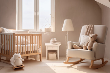 Nursery interior. Bed, cradle, chair, toys. Children's bedroom