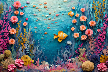 Fototapeta na wymiar An underwater world comes to life with vibrant hues as a delicate paper fish swims among a blooming reef garden