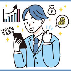 スマホで資産運用をする会社員 男性