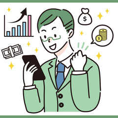 スマホで資産運用をする会社員 男性