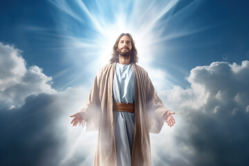 Jesus Christ ascending to heaven above the bright sky and clouds, embodying the concept of God, Heaven, and the Second Coming.