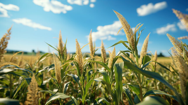 Corn field blue sky subject is blurred