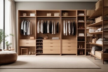 modern wooden wardrobe space with descriptive details and copy space raea